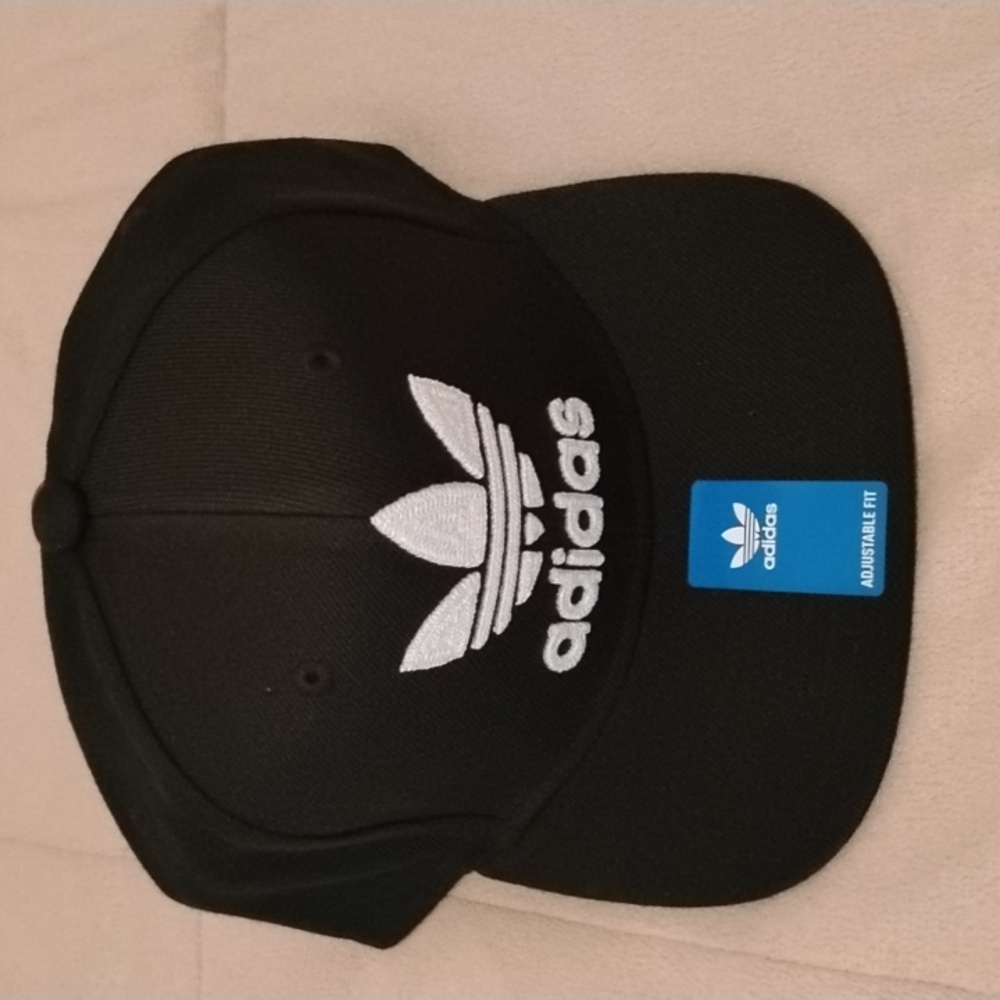 Adidas Classic Black Cap with White Logo, Snapback, Flat Bill, New